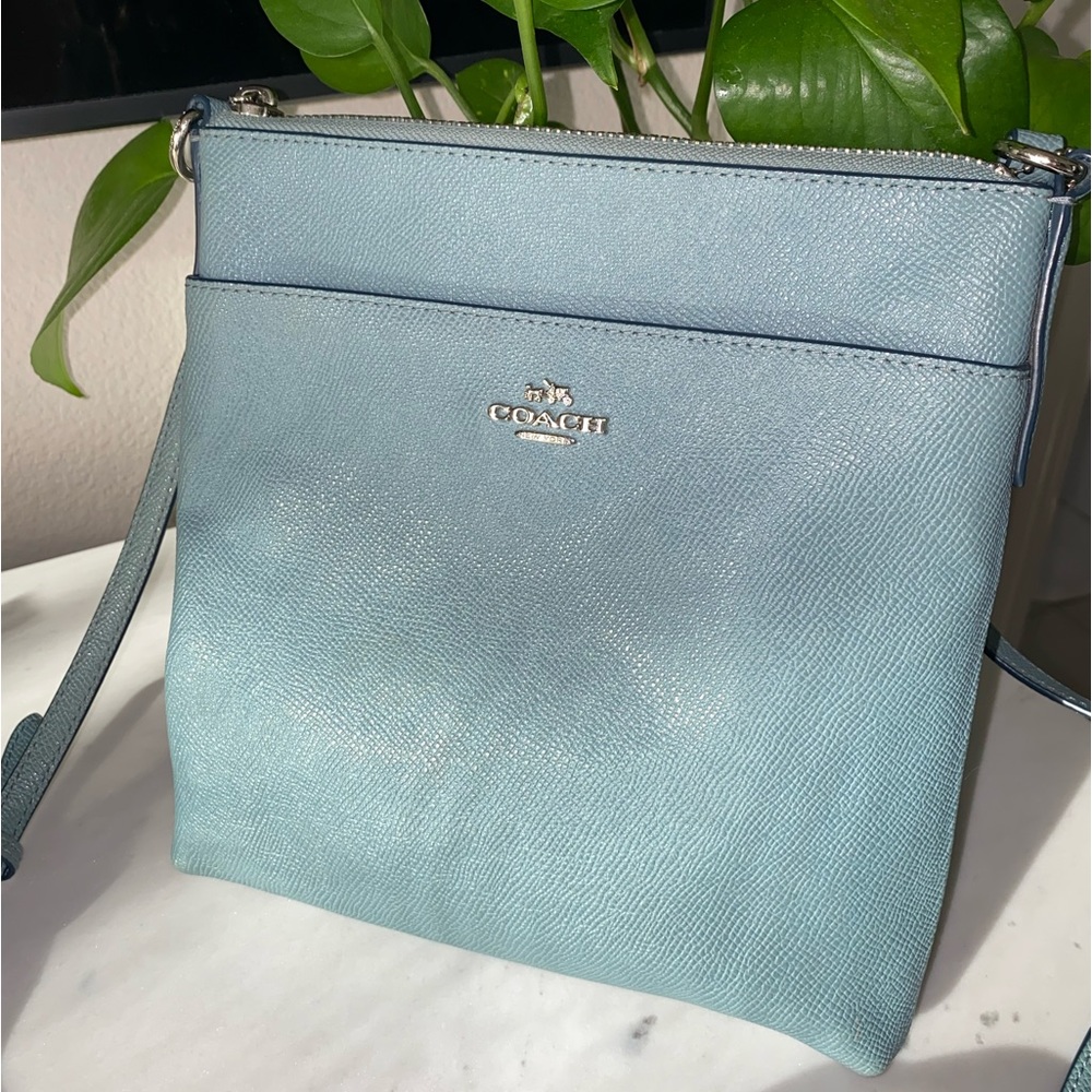 Coach Kitt Messenger Crossbody Purse. Pewter blue. Silver hardware.